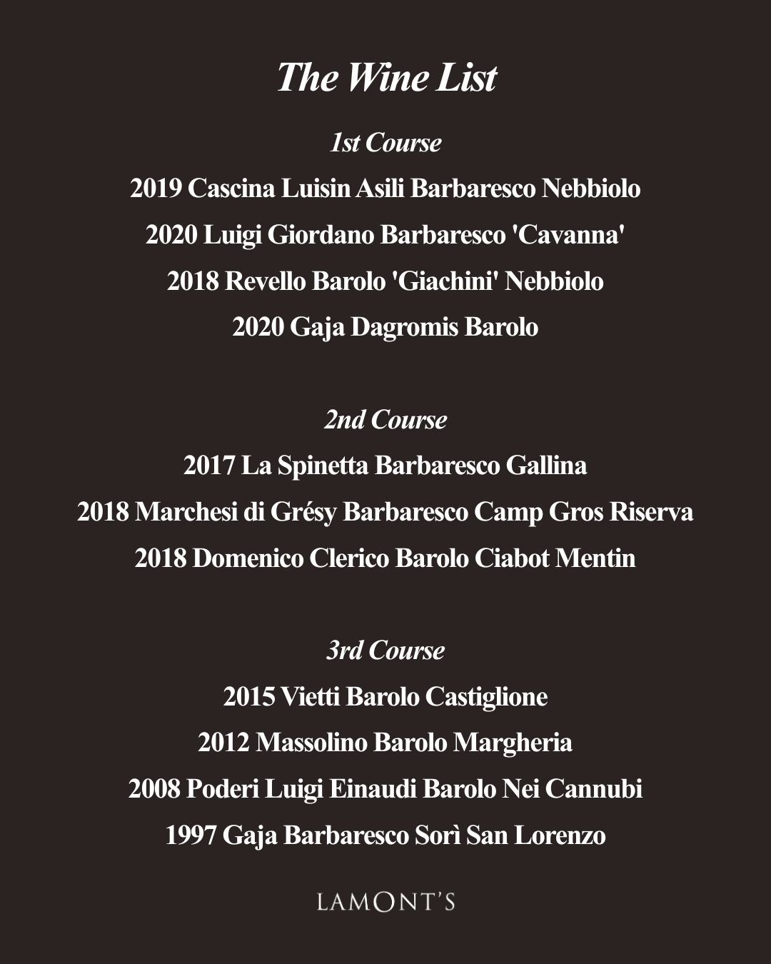 Barolo & Barbaresco Benchmark Dinner | Mon Aug 10