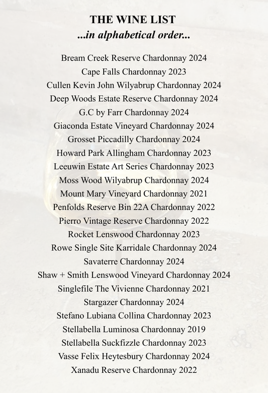 AUSTRALIAN CHARDONNAY WINE LIST Public Holiday Tasting