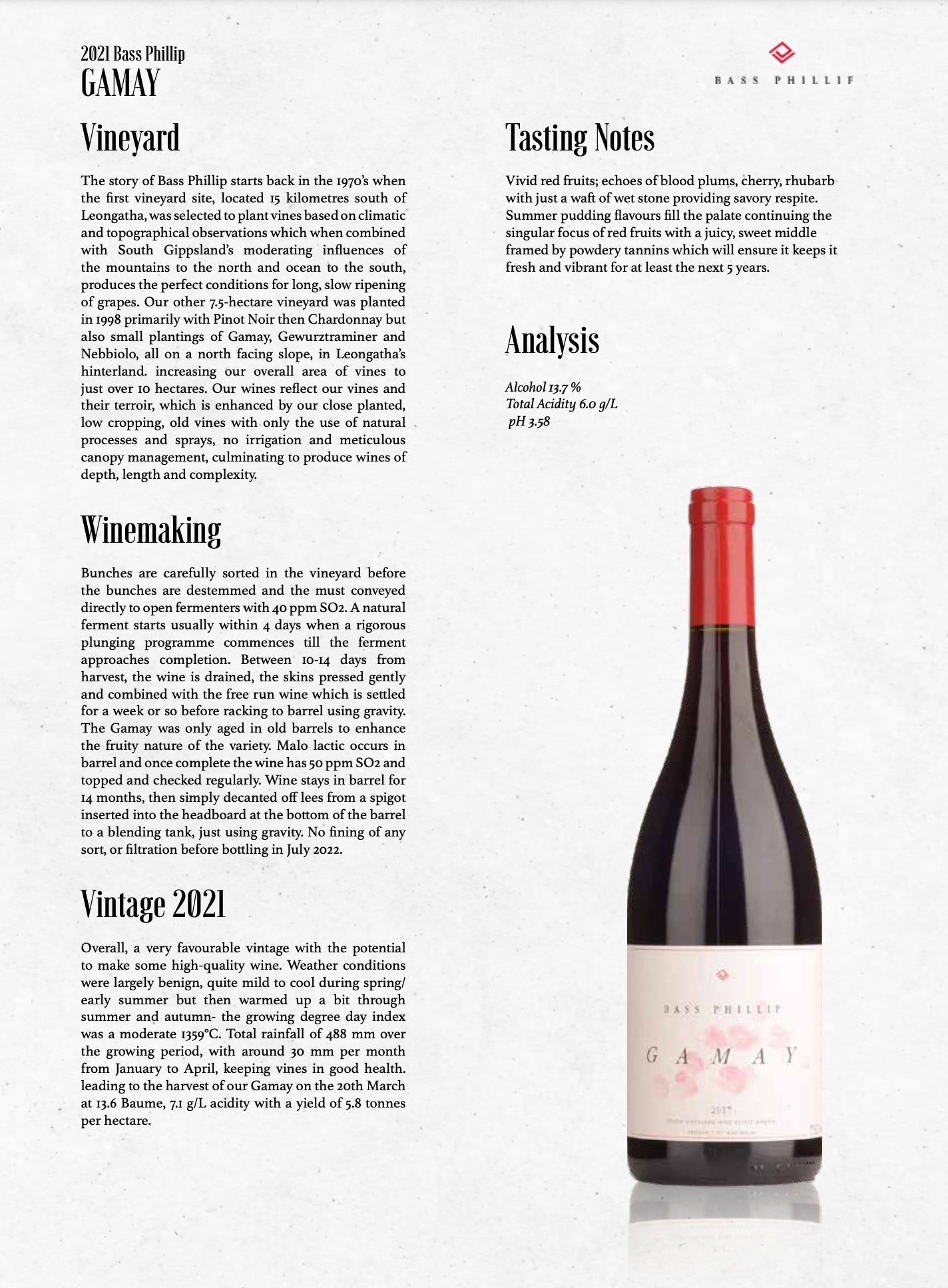 2021 Bass Phillip Gamay Magnum Info Sheet